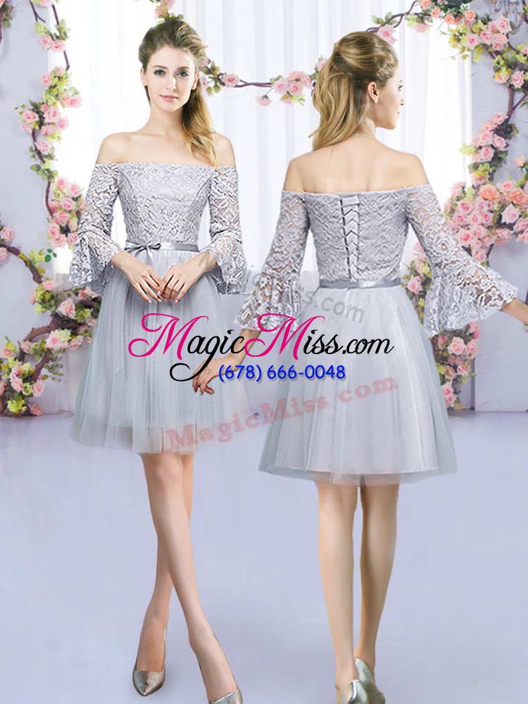 wholesale edgy high-neck half sleeves wedding party dress mini length lace and belt grey tulle