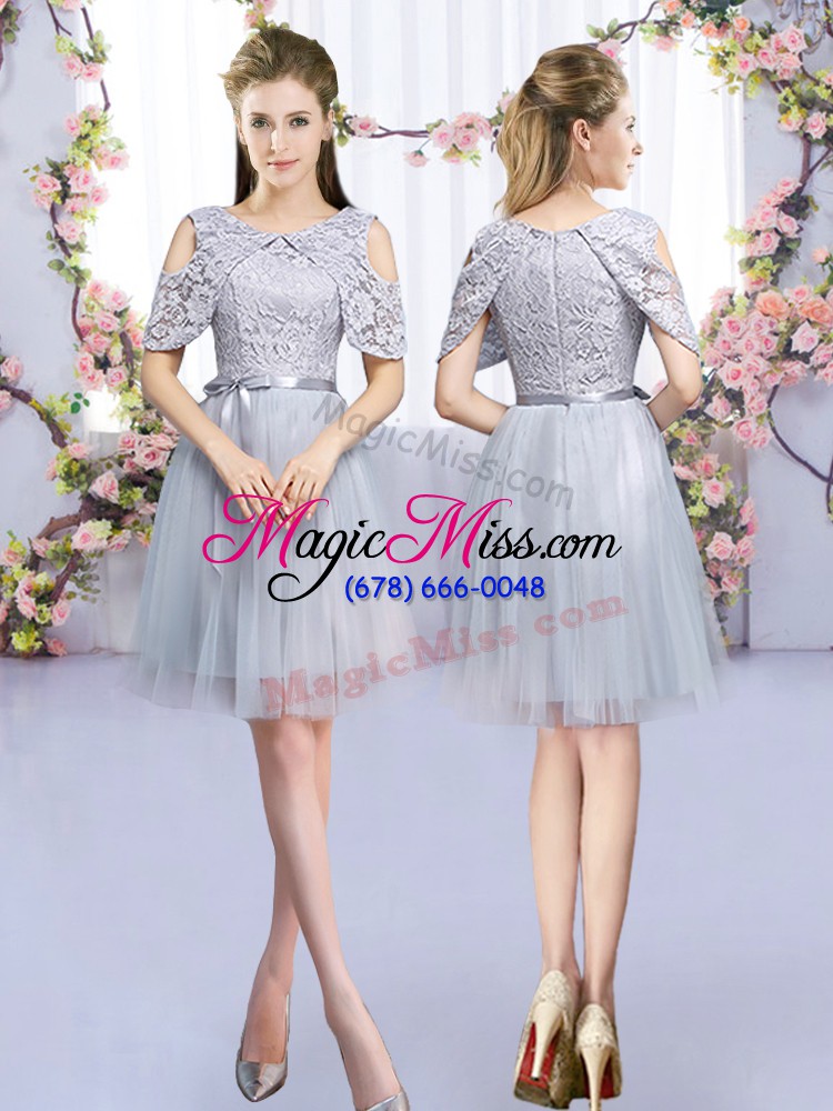 wholesale edgy high-neck half sleeves wedding party dress mini length lace and belt grey tulle