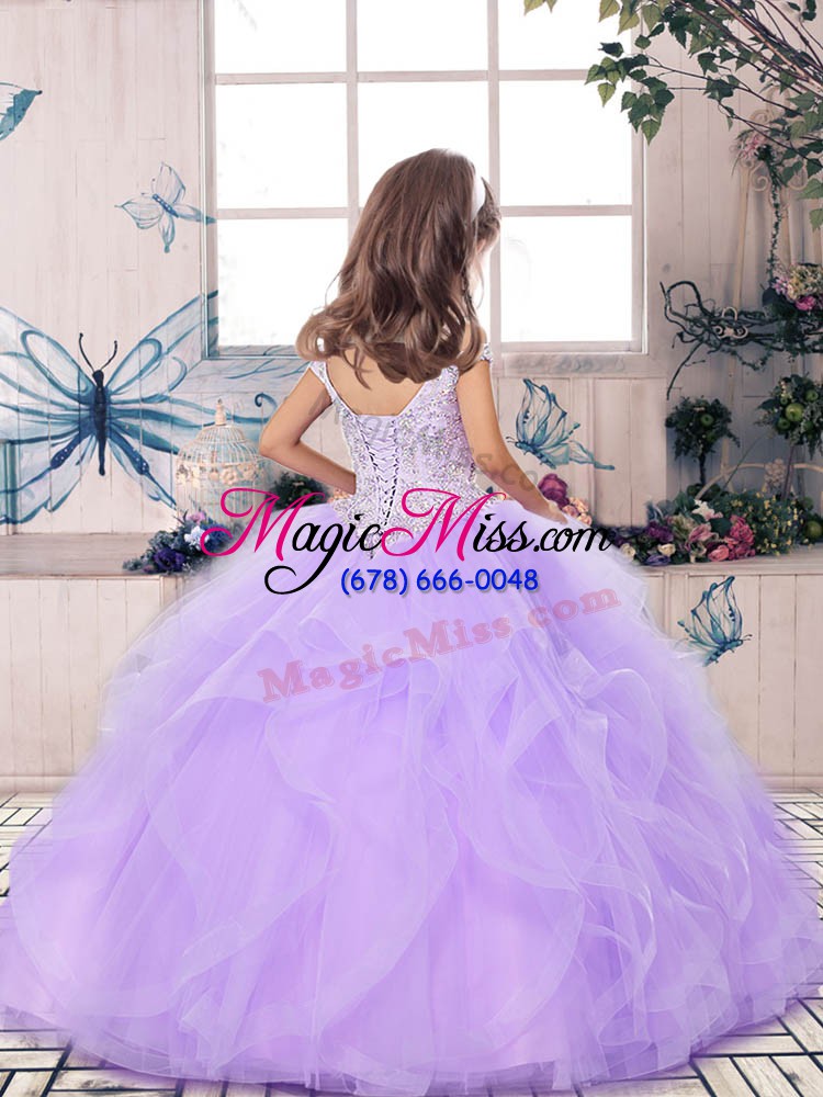 wholesale straps sleeveless kids pageant dress floor length beading and ruffles fuchsia tulle