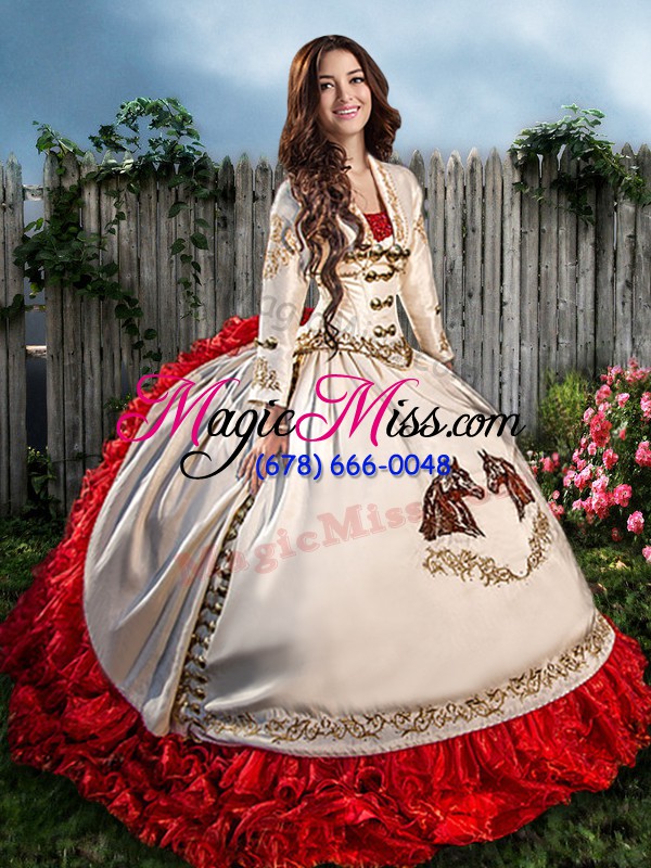 wholesale simple white and red sleeveless floor length embroidery lace up quinceanera dresses