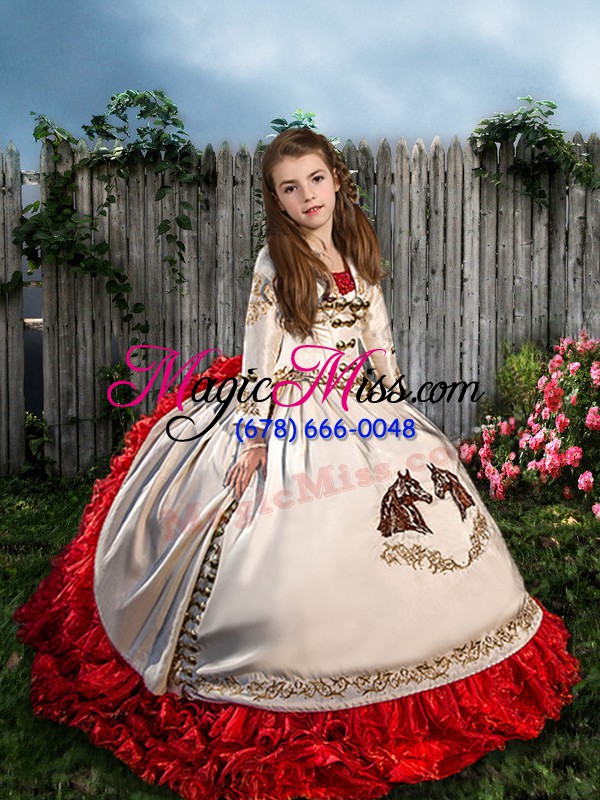 wholesale simple white and red sleeveless floor length embroidery lace up quinceanera dresses