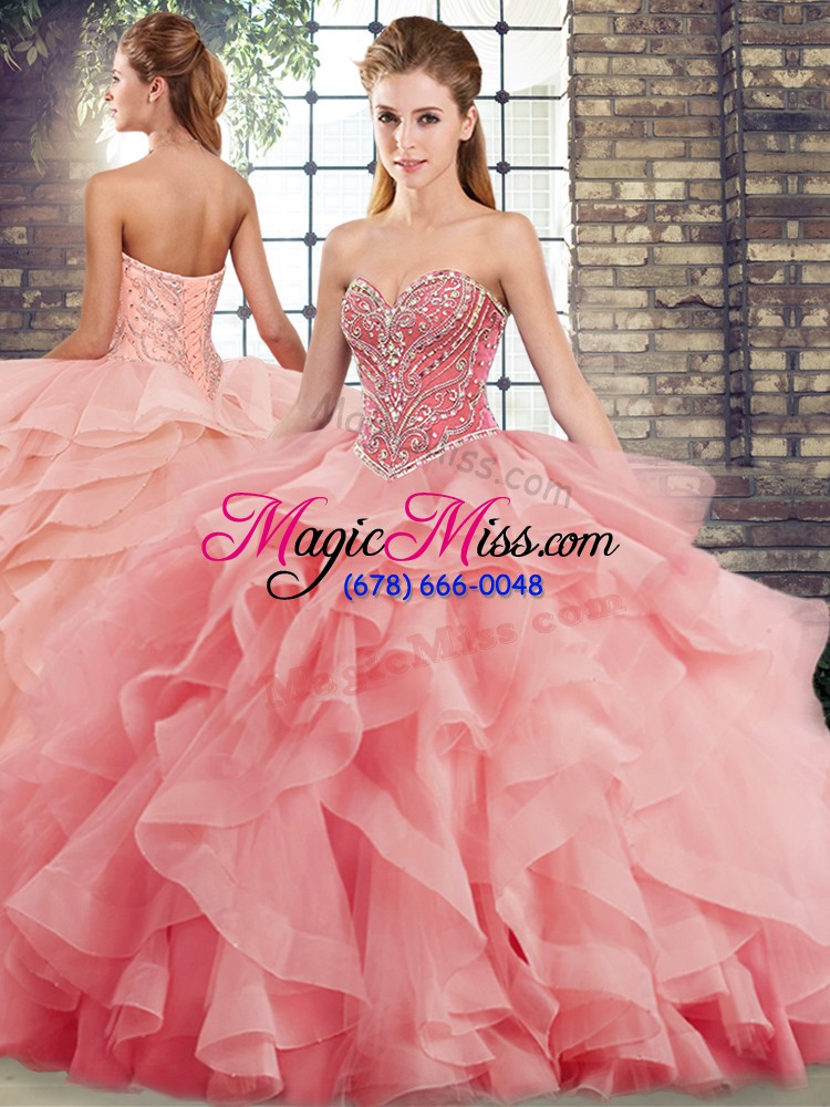 wholesale watermelon red tulle lace up sweetheart sleeveless quinceanera gowns brush train beading and ruffles