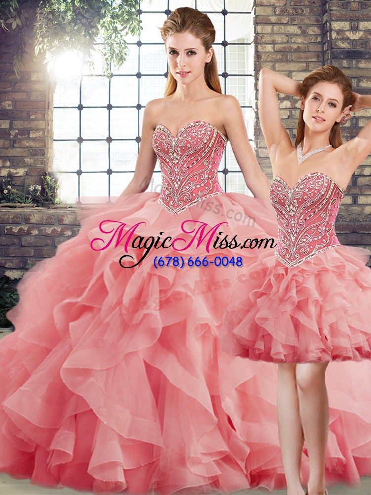 wholesale watermelon red tulle lace up sweetheart sleeveless quinceanera gowns brush train beading and ruffles