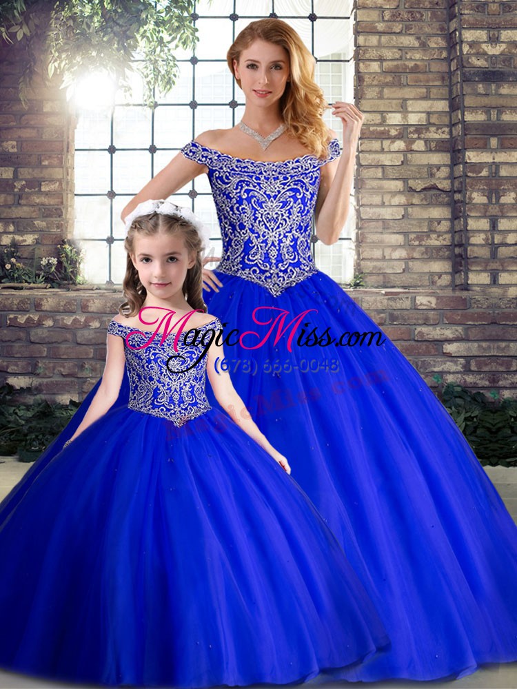 wholesale tulle off the shoulder sleeveless brush train lace up beading quinceanera gowns in royal blue