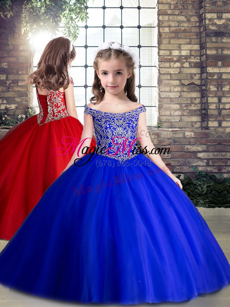 wholesale tulle off the shoulder sleeveless brush train lace up beading quinceanera gowns in royal blue