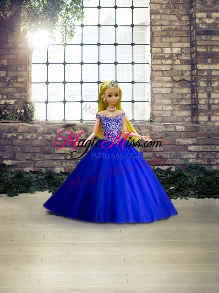 wholesale tulle off the shoulder sleeveless brush train lace up beading quinceanera gowns in royal blue