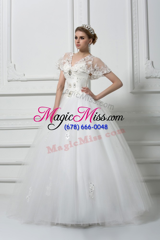 wholesale white v-neck neckline beading and appliques wedding gowns short sleeves lace up