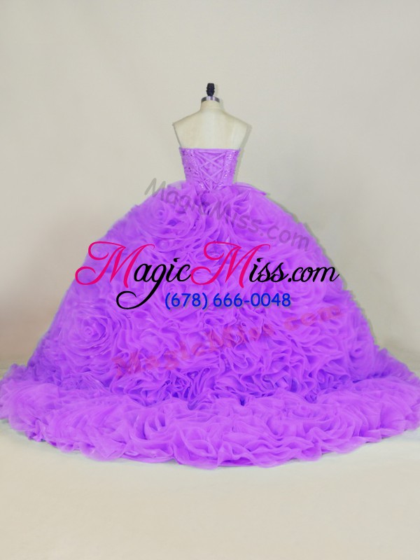 wholesale sweetheart sleeveless 15 quinceanera dress court train beading lavender fabric with rolling flowers