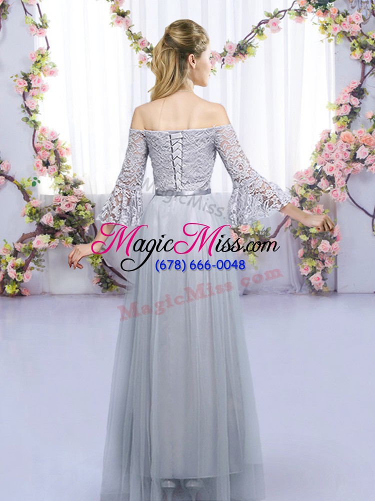 wholesale shining grey empire tulle off the shoulder 3 4 length sleeve lace and belt floor length lace up wedding party dress