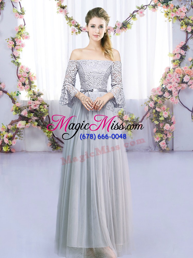 wholesale shining grey empire tulle off the shoulder 3 4 length sleeve lace and belt floor length lace up wedding party dress