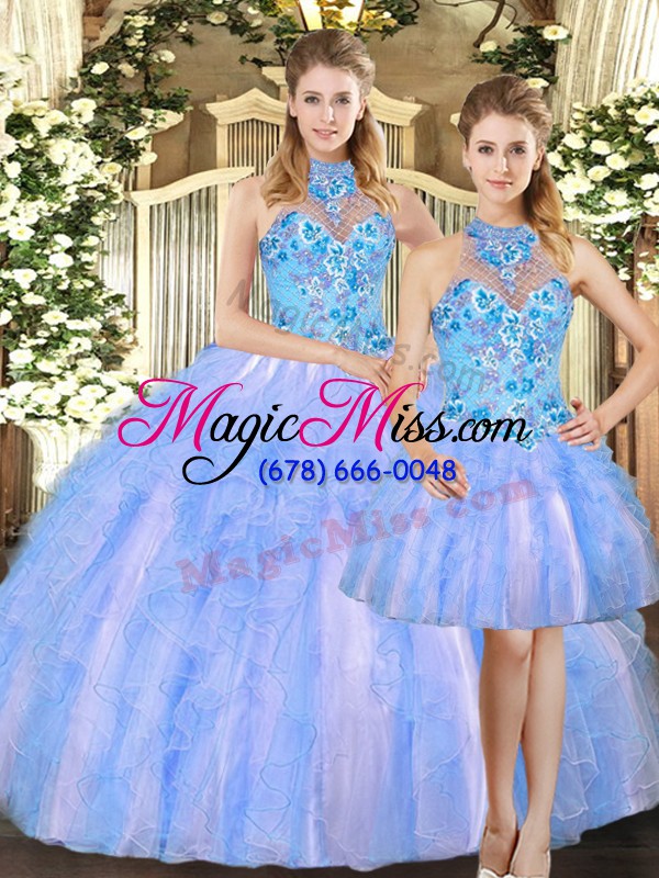 wholesale high quality tulle halter top sleeveless lace up embroidery sweet 16 quinceanera dress in multi-color