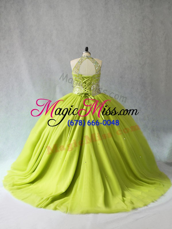 wholesale halter top sleeveless tulle ball gown prom dress beading lace up