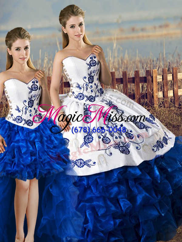 wholesale organza sweetheart sleeveless lace up embroidery and ruffles quinceanera gowns in blue and white