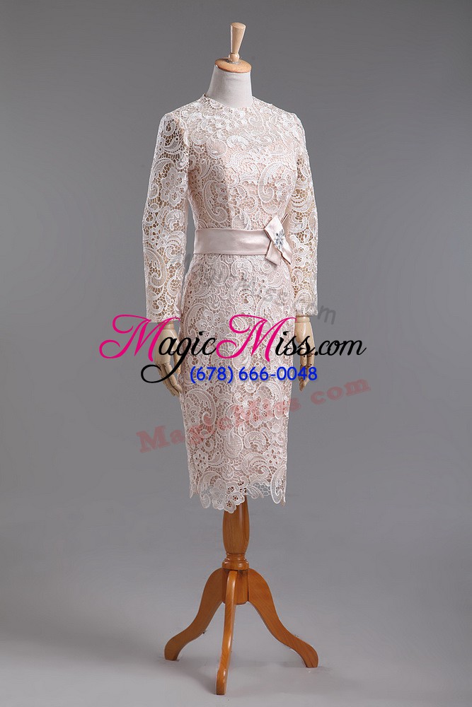 wholesale flirting champagne column/sheath high-neck long sleeves lace tea length zipper lace and belt mother of the bride dress