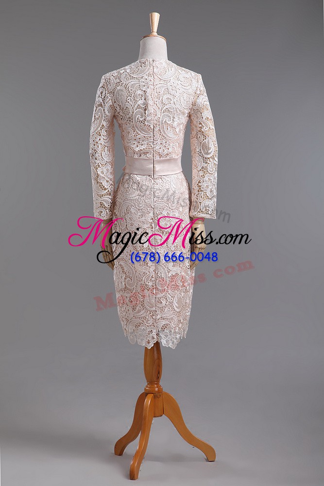 wholesale flirting champagne column/sheath high-neck long sleeves lace tea length zipper lace and belt mother of the bride dress