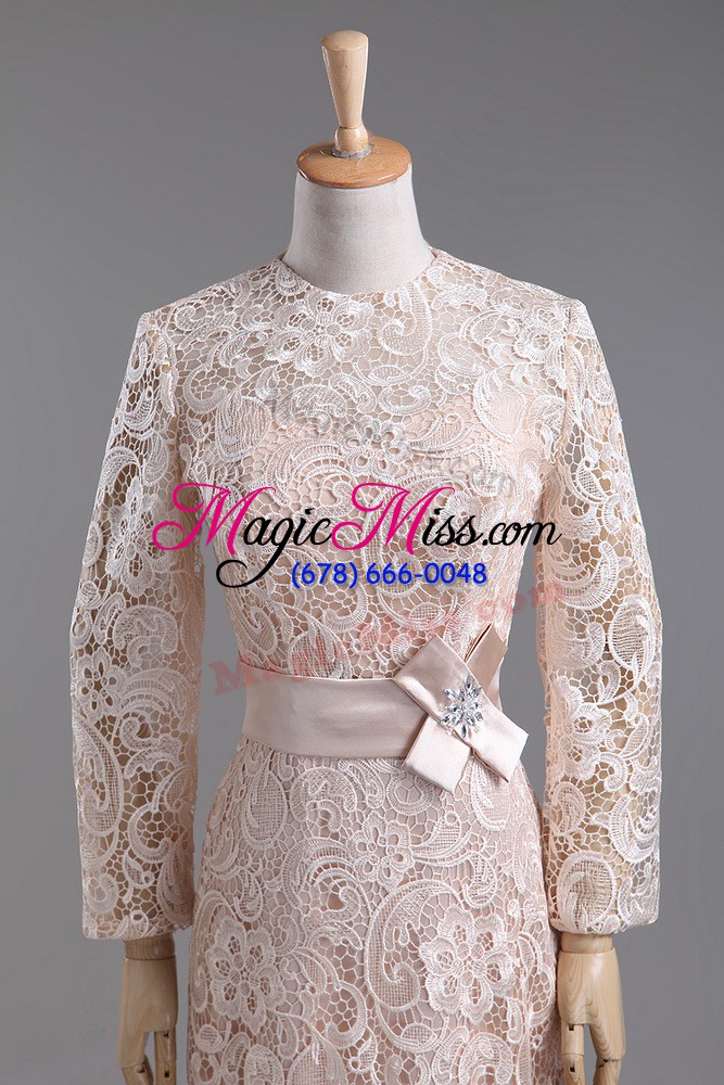 wholesale flirting champagne column/sheath high-neck long sleeves lace tea length zipper lace and belt mother of the bride dress