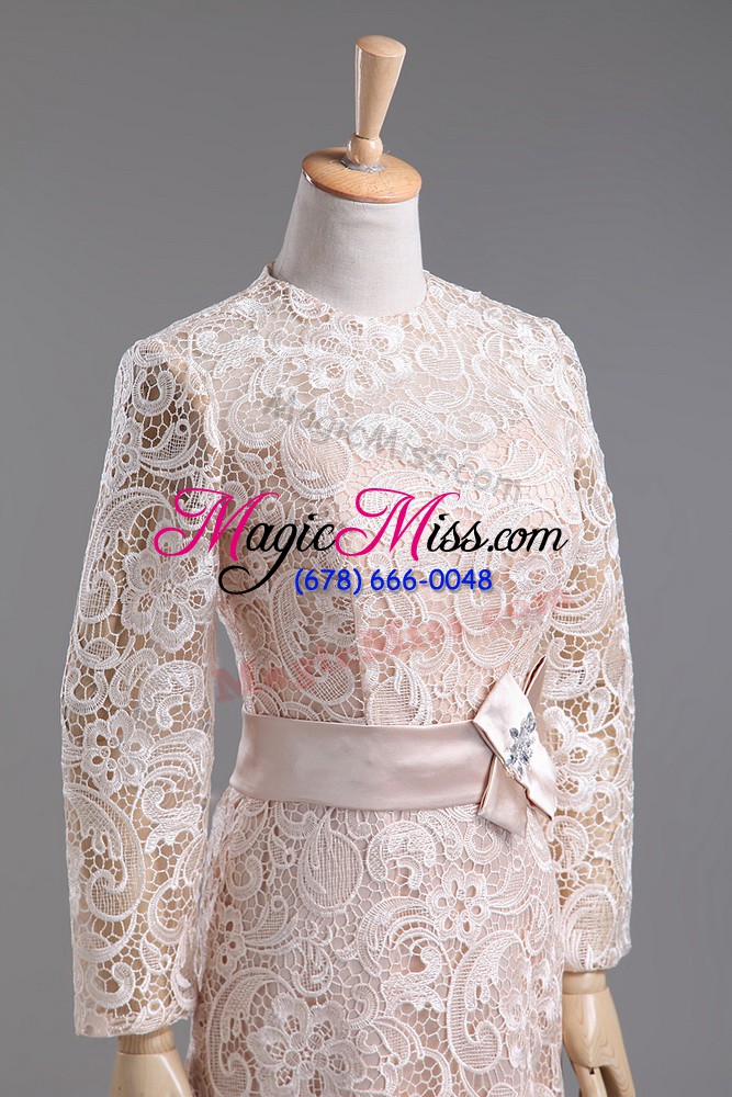 wholesale flirting champagne column/sheath high-neck long sleeves lace tea length zipper lace and belt mother of the bride dress