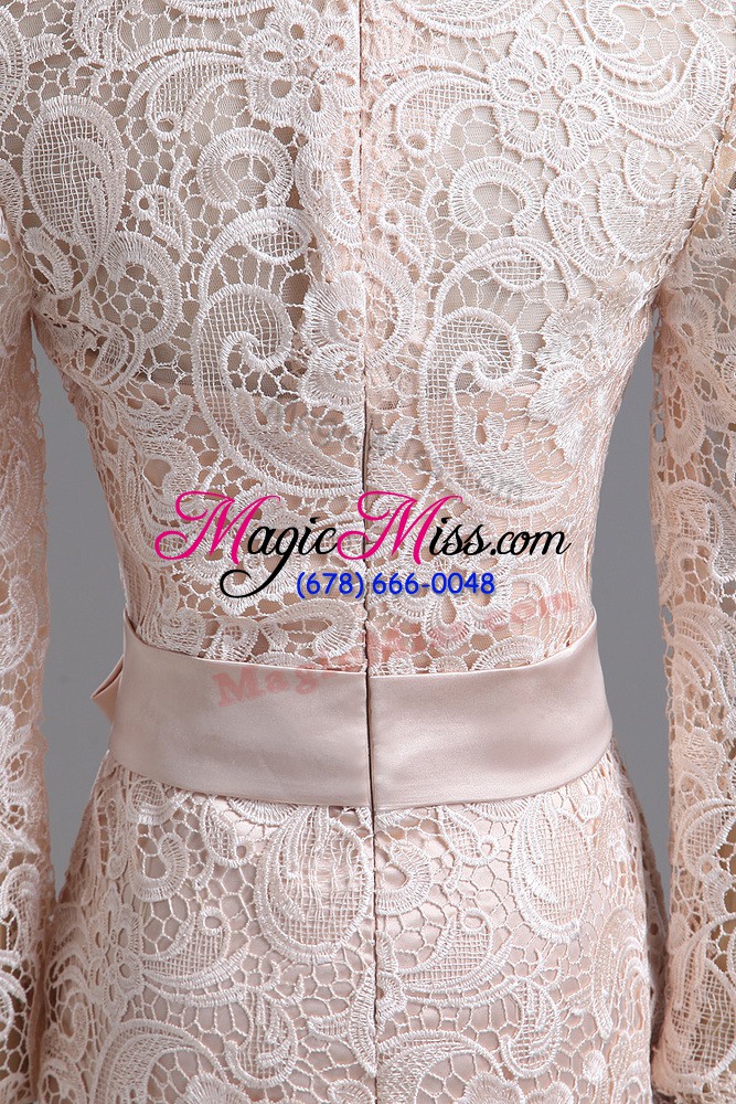 wholesale flirting champagne column/sheath high-neck long sleeves lace tea length zipper lace and belt mother of the bride dress