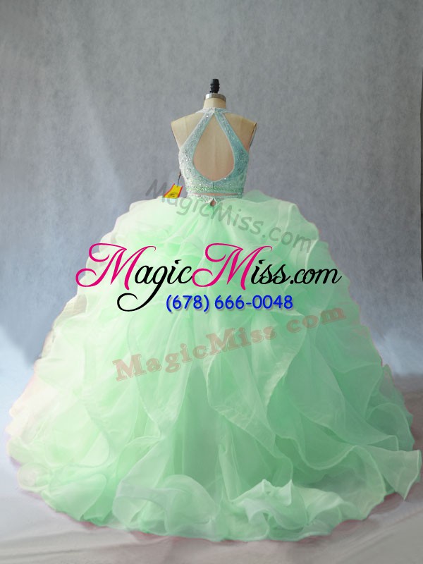 wholesale modern apple green quinceanera dress halter top sleeveless brush train backless