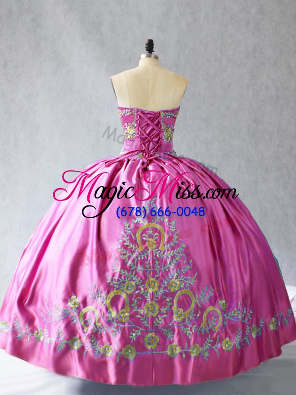 wholesale rose pink lace up sweetheart embroidery 15th birthday dress satin sleeveless