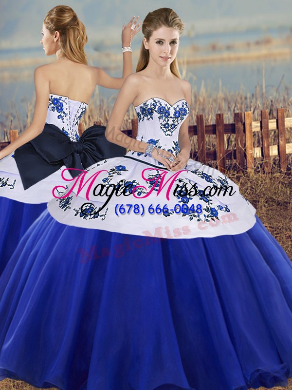 wholesale fabulous royal blue sweetheart neckline embroidery and bowknot sweet 16 dress sleeveless lace up