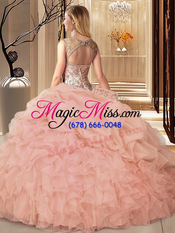 wholesale scoop sleeveless organza quinceanera gowns beading and ruffles and pick ups lace up