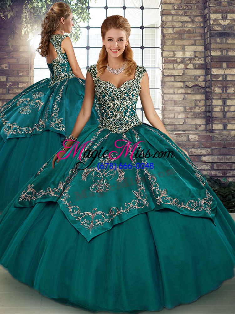 wholesale teal straps neckline beading and embroidery sweet 16 quinceanera dress sleeveless lace up