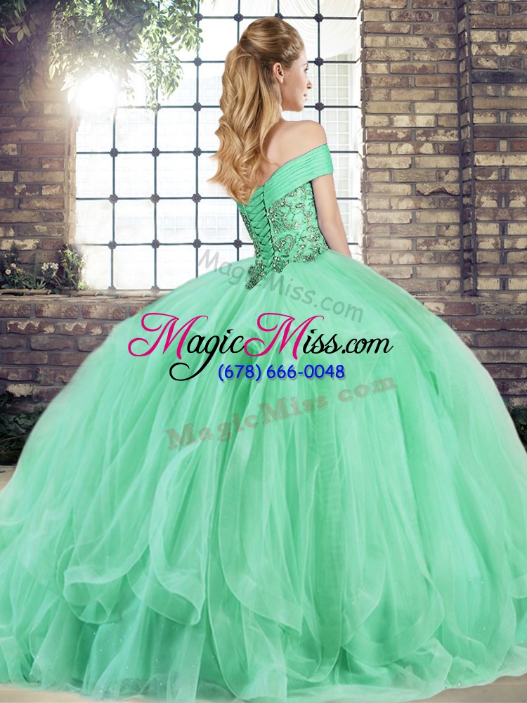 wholesale apple green sleeveless tulle lace up ball gown prom dress for military ball and sweet 16 and quinceanera