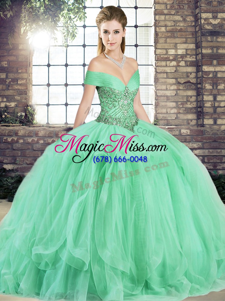 wholesale apple green sleeveless tulle lace up ball gown prom dress for military ball and sweet 16 and quinceanera