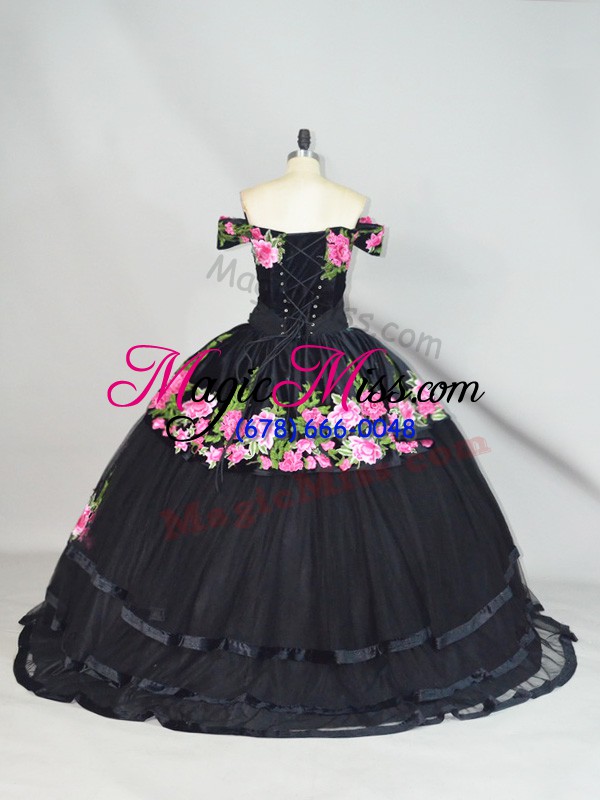 wholesale flirting black lace up quinceanera gowns embroidery sleeveless brush train