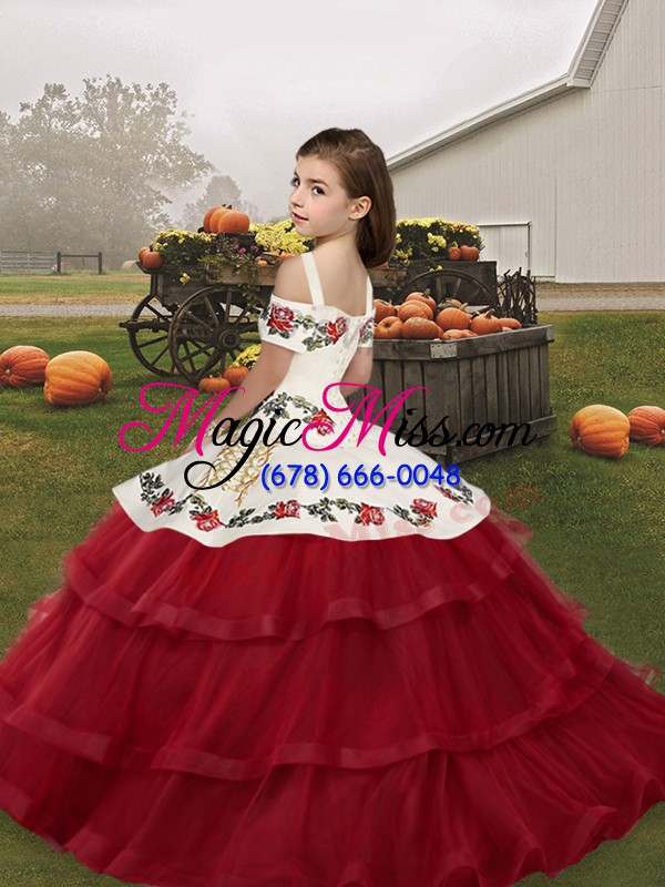 wholesale fuchsia lace up little girls pageant gowns embroidery and ruffled layers sleeveless floor length