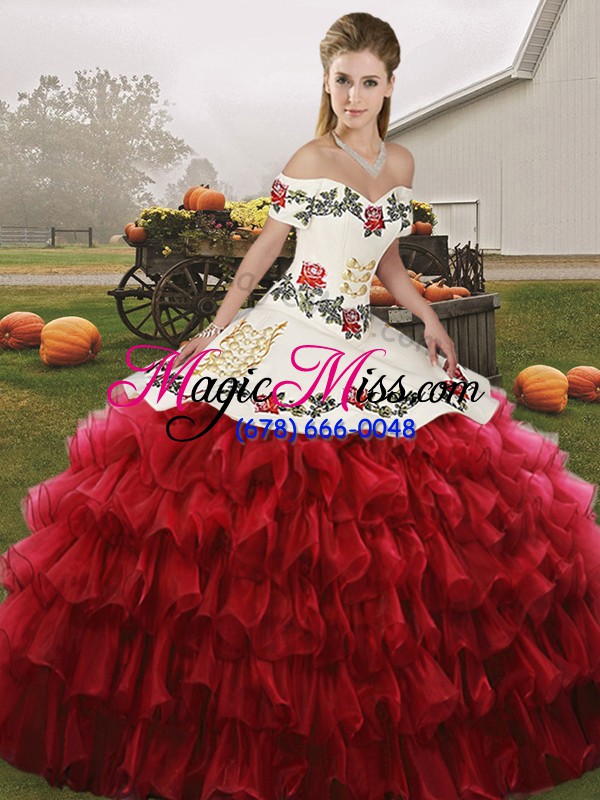 wholesale wine red sleeveless floor length embroidery and ruffled layers lace up quince ball gowns