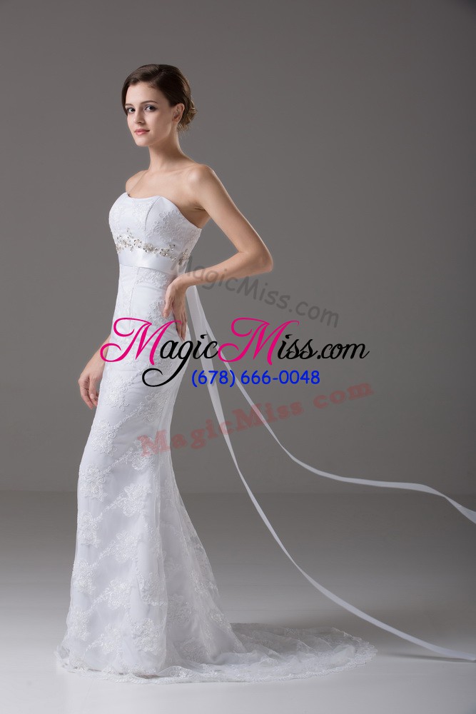 wholesale sleeveless brush train beading and lace and belt zipper bridal gown