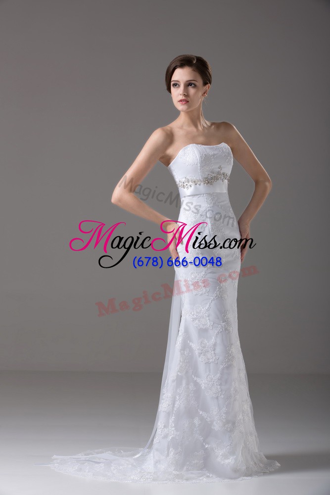 wholesale sleeveless brush train beading and lace and belt zipper bridal gown