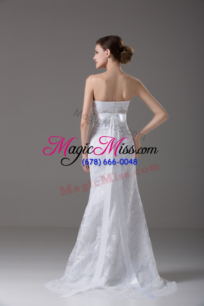 wholesale sleeveless brush train beading and lace and belt zipper bridal gown