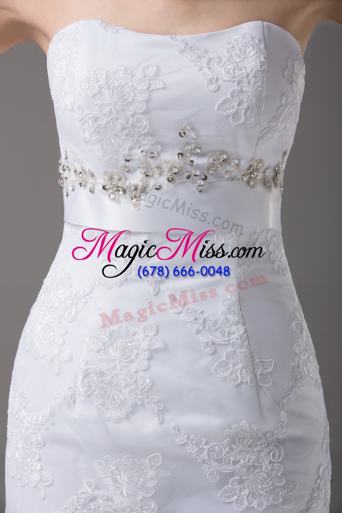 wholesale sleeveless brush train beading and lace and belt zipper bridal gown