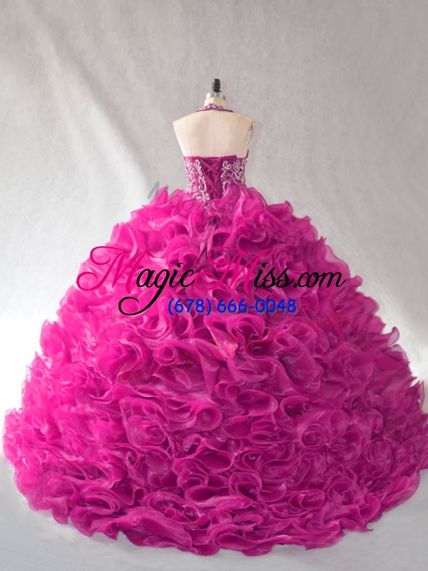 wholesale glorious brush train ball gowns quinceanera gowns fuchsia halter top organza sleeveless lace up