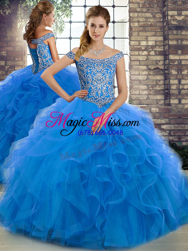 wholesale off the shoulder sleeveless brush train lace up sweet 16 dress blue tulle