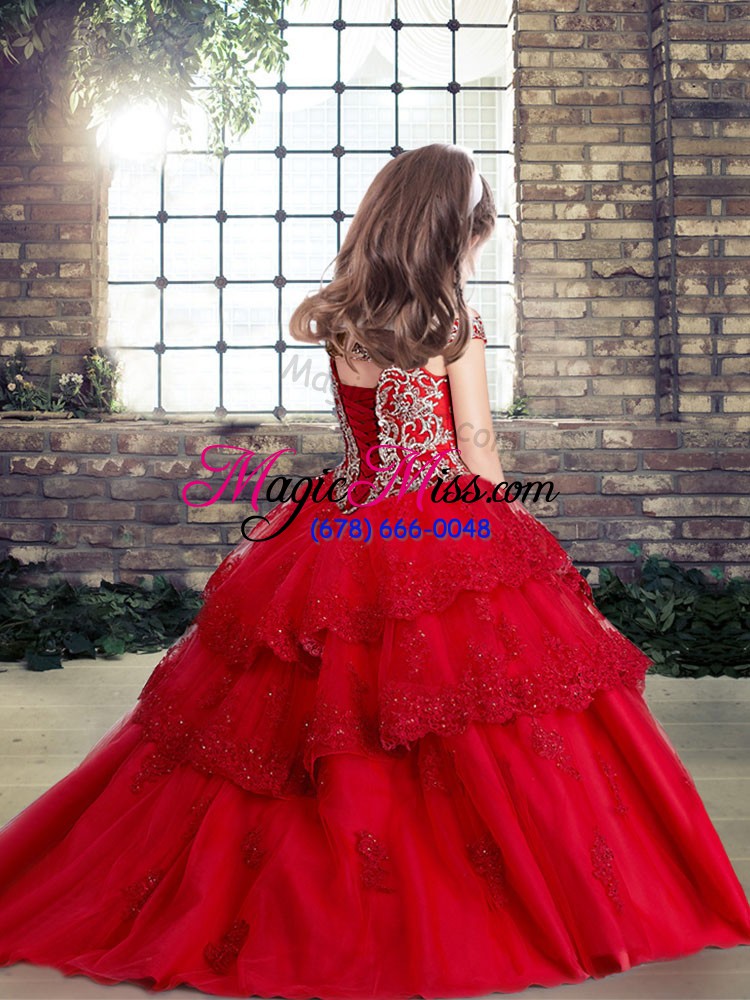 wholesale rust red lace up off the shoulder beading and appliques pageant gowns for girls tulle sleeveless