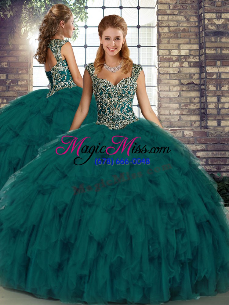 wholesale peacock green organza lace up straps sleeveless floor length quinceanera dresses beading and ruffles