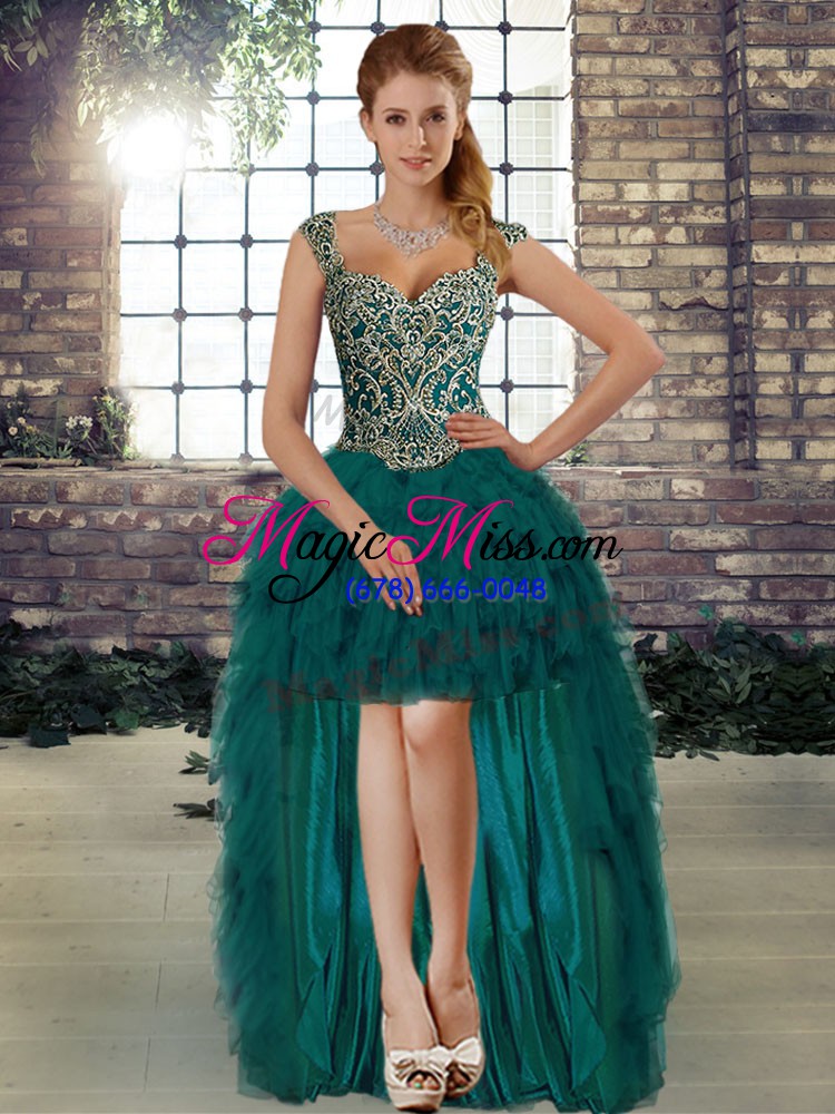 wholesale peacock green organza lace up straps sleeveless floor length quinceanera dresses beading and ruffles