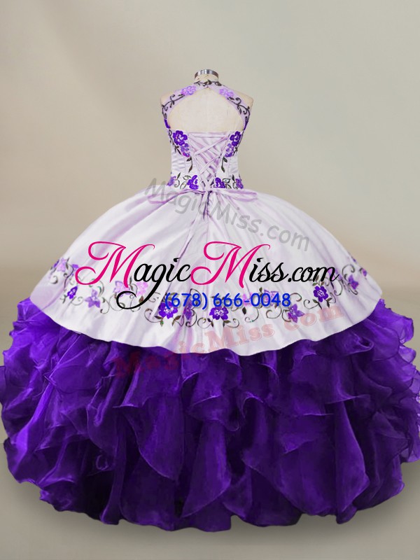 wholesale white and purple lace up halter top embroidery and ruffles ball gown prom dress organza long sleeves