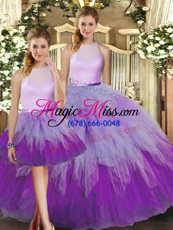 wholesale sleeveless organza floor length backless ball gown prom dress in multi-color with ruffles