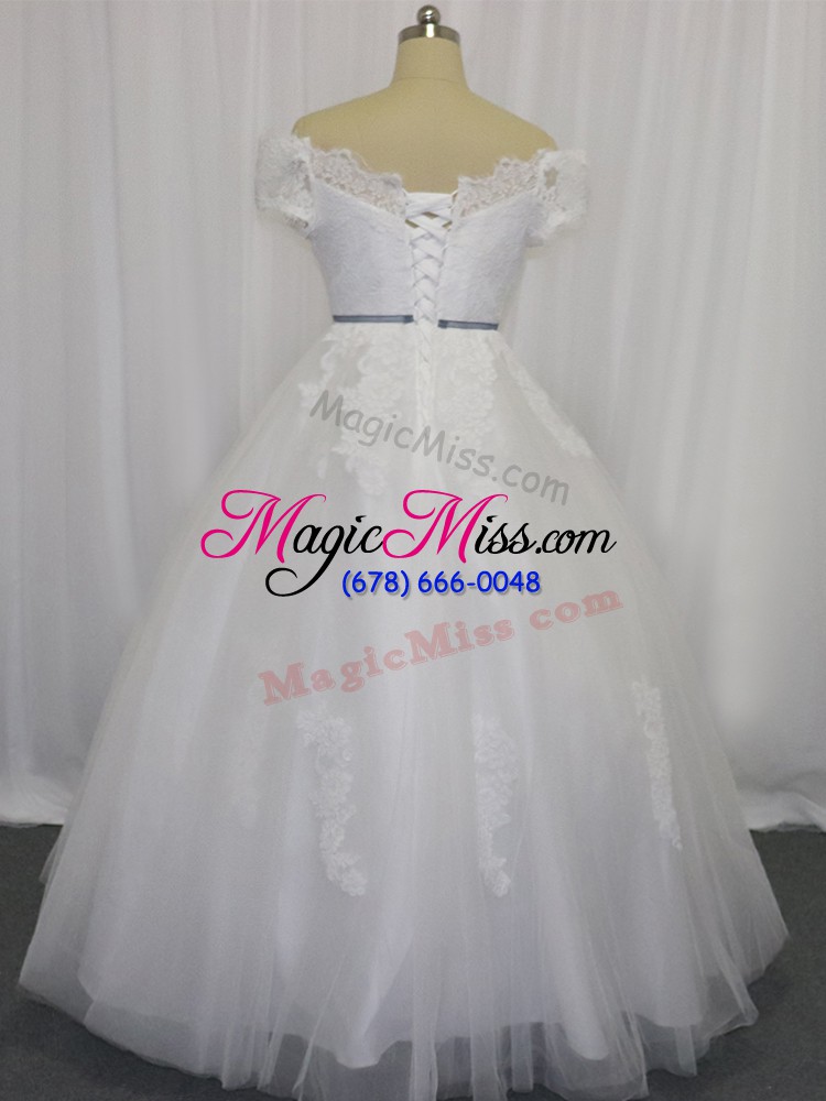 wholesale nice white tulle lace up wedding gown short sleeves floor length lace and belt