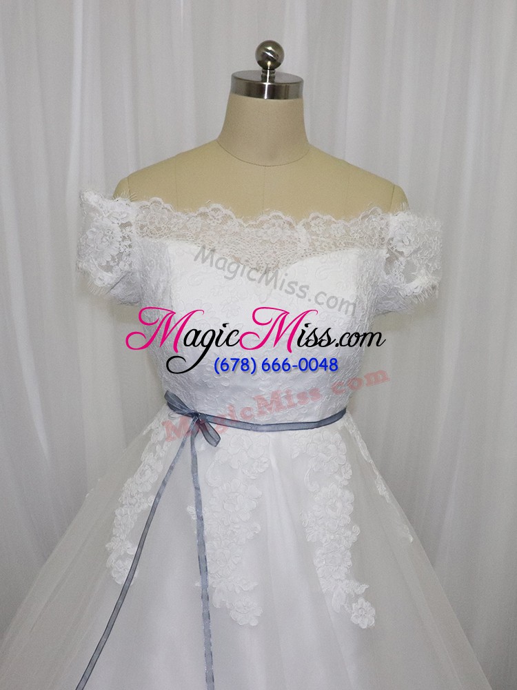 wholesale nice white tulle lace up wedding gown short sleeves floor length lace and belt