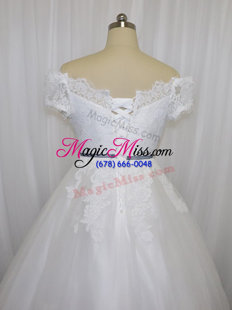 wholesale nice white tulle lace up wedding gown short sleeves floor length lace and belt