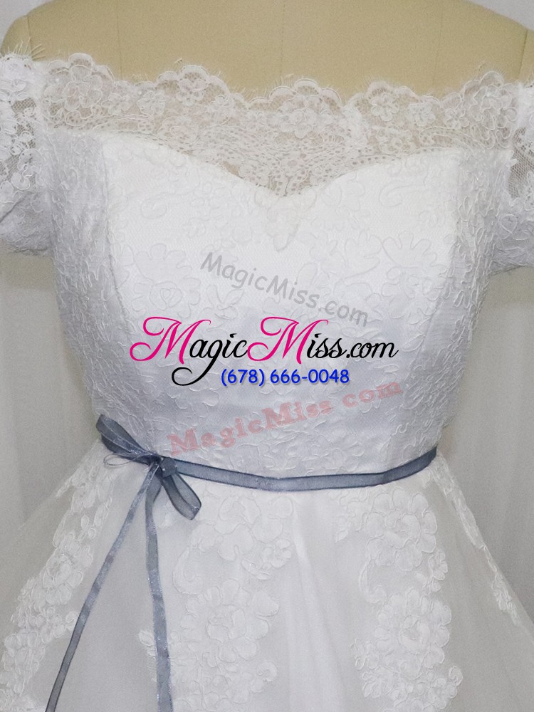 wholesale nice white tulle lace up wedding gown short sleeves floor length lace and belt