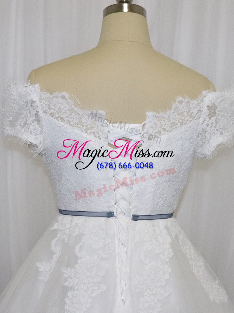 wholesale nice white tulle lace up wedding gown short sleeves floor length lace and belt