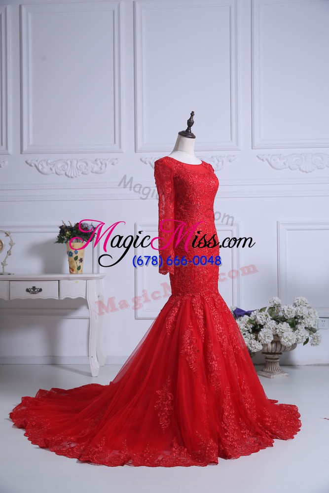 wholesale stunning scoop long sleeves mother of the bride dress court train lace red tulle