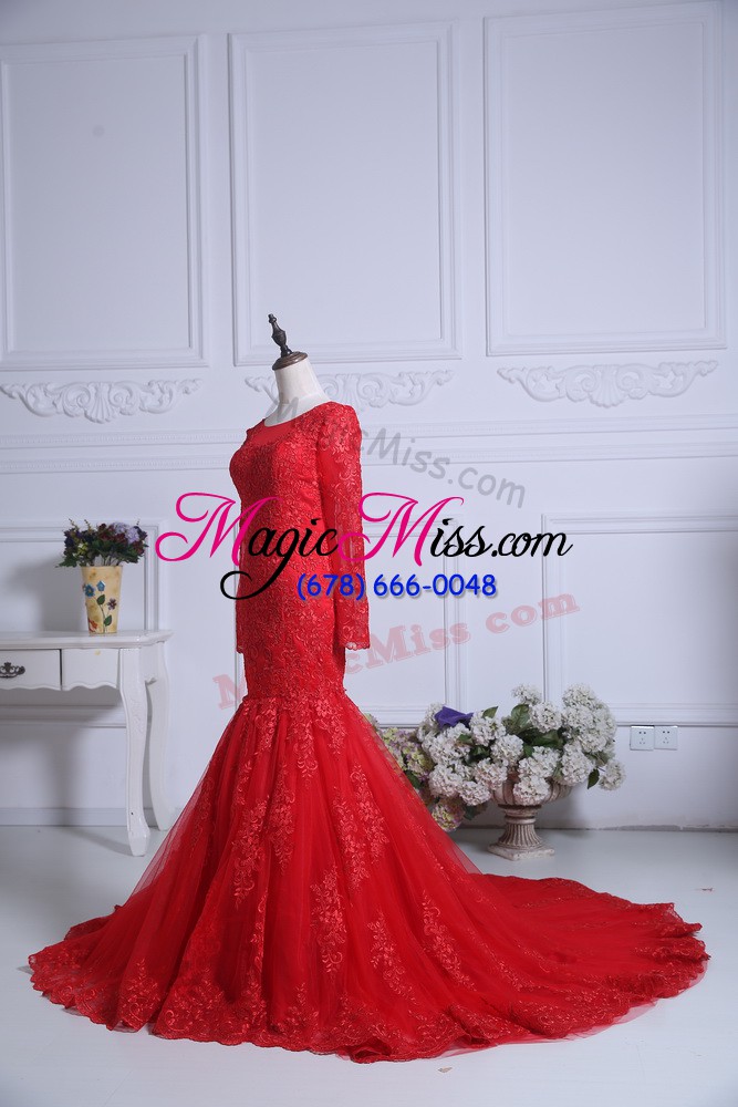 wholesale stunning scoop long sleeves mother of the bride dress court train lace red tulle